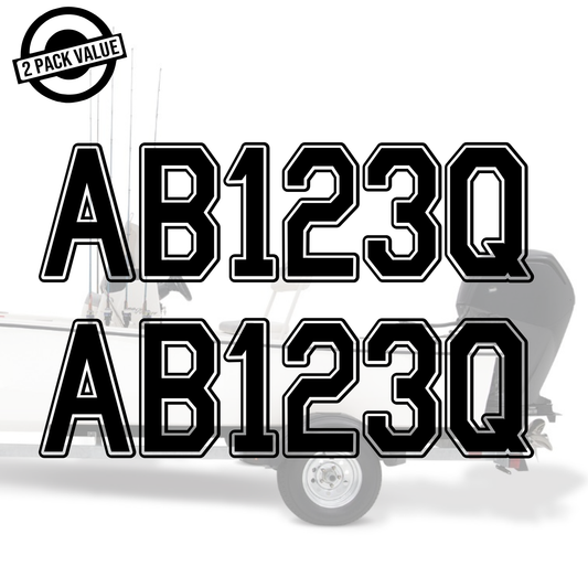 Two black 'AB123Q' decals on a white background with a 2-pack value label.