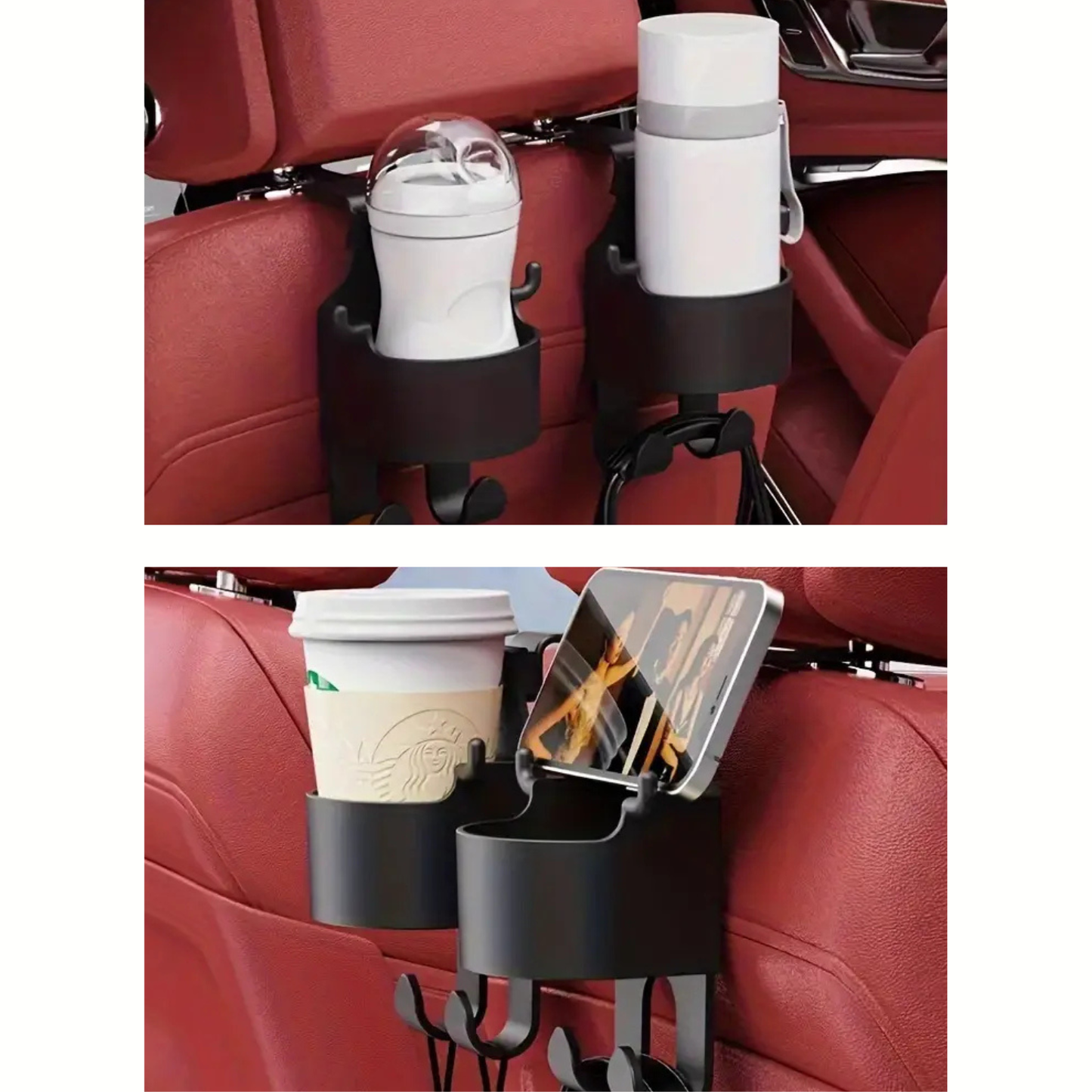 Rear Headrest Multi Functional Cup & Phone Holder with Hooks