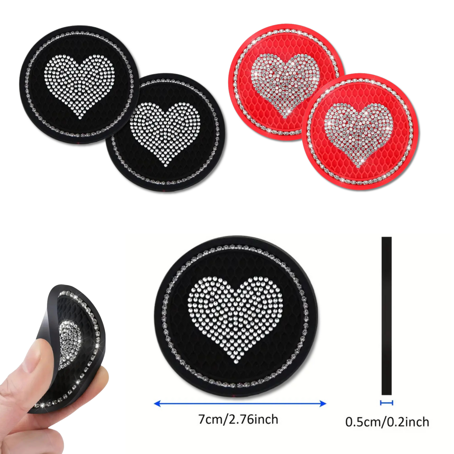 2Pc Sparkle Heart Bling Bling Car Coasters - Assorted Colours