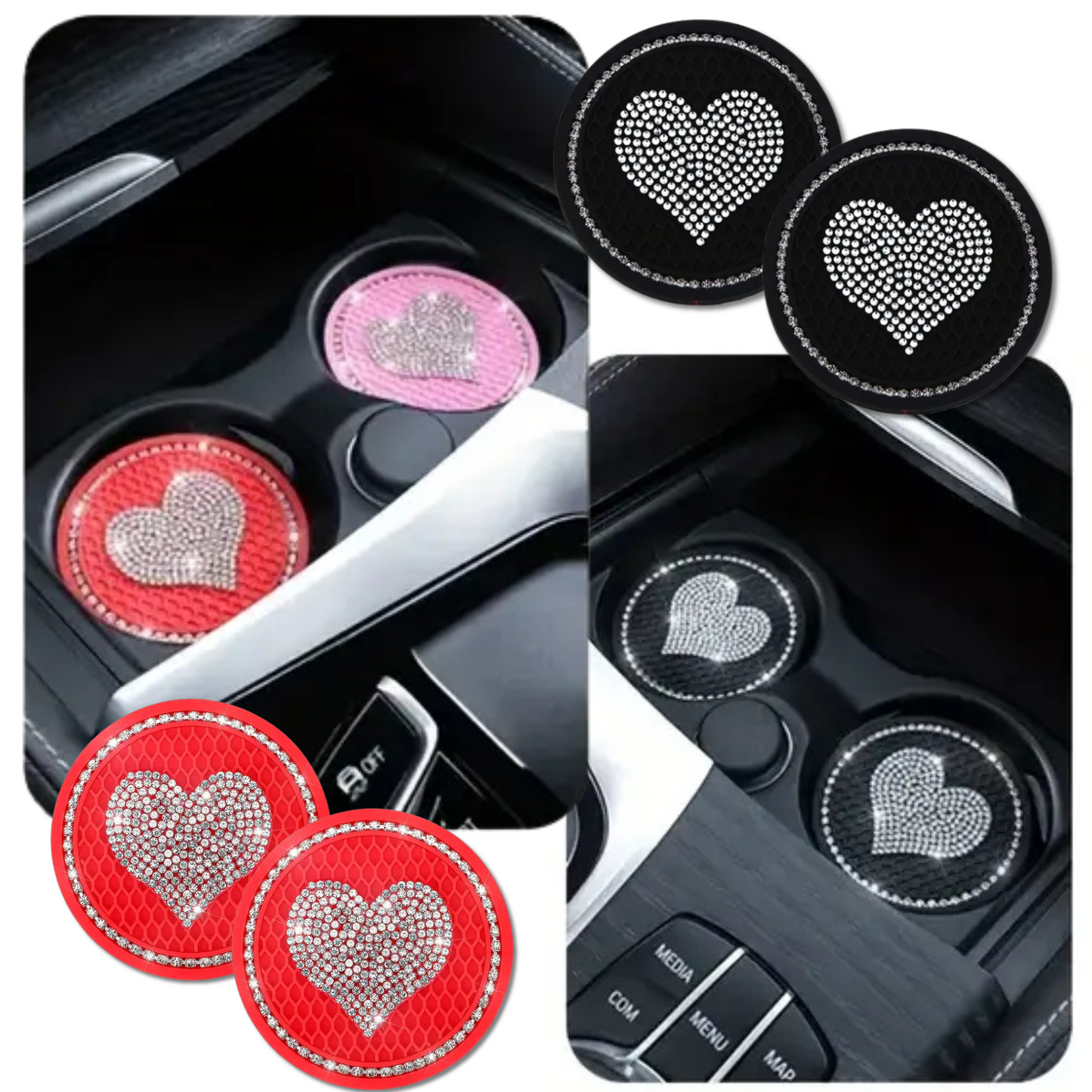 2Pc Sparkle Heart Bling Bling Car Coasters - Assorted Colours