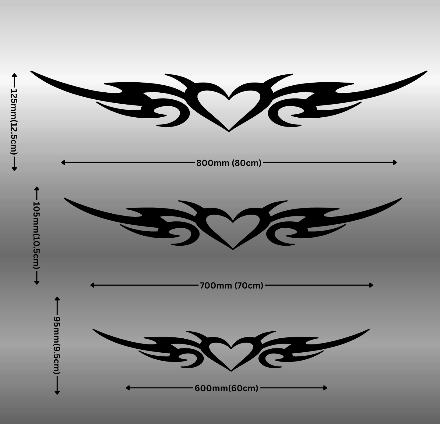 Tribal heart design with measurements on a gray background