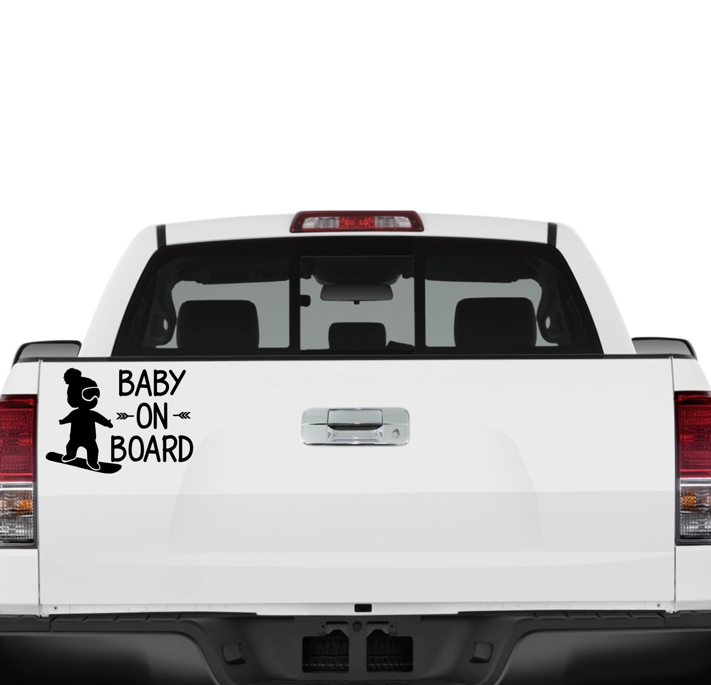 White truck with 'Baby on Board' decal on the back