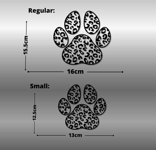 Dimensions of regular and small leopard print paw designs on a gray background