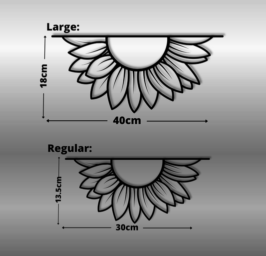 Measurement chart comparing large and regular sunflower designs on a gray background