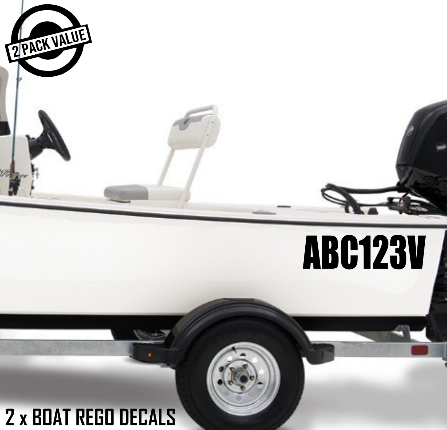 White boat with black registration decals on a white background