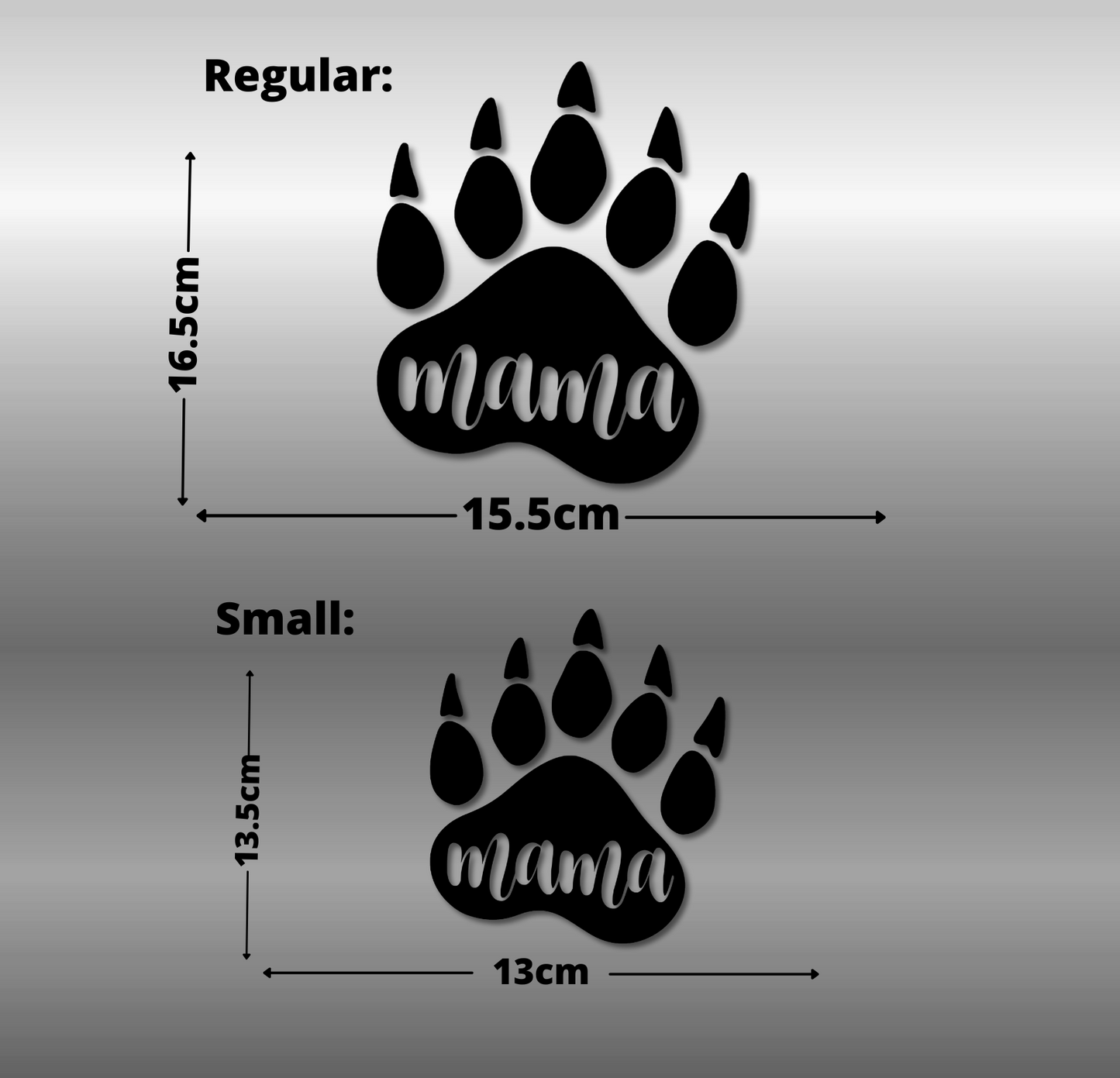 Comparison of a 'mama' paw print design in regular and small sizes on a gray background.