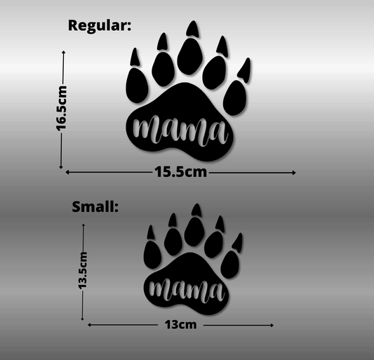Comparison of a 'mama' paw print design in regular and small sizes on a gray background.
