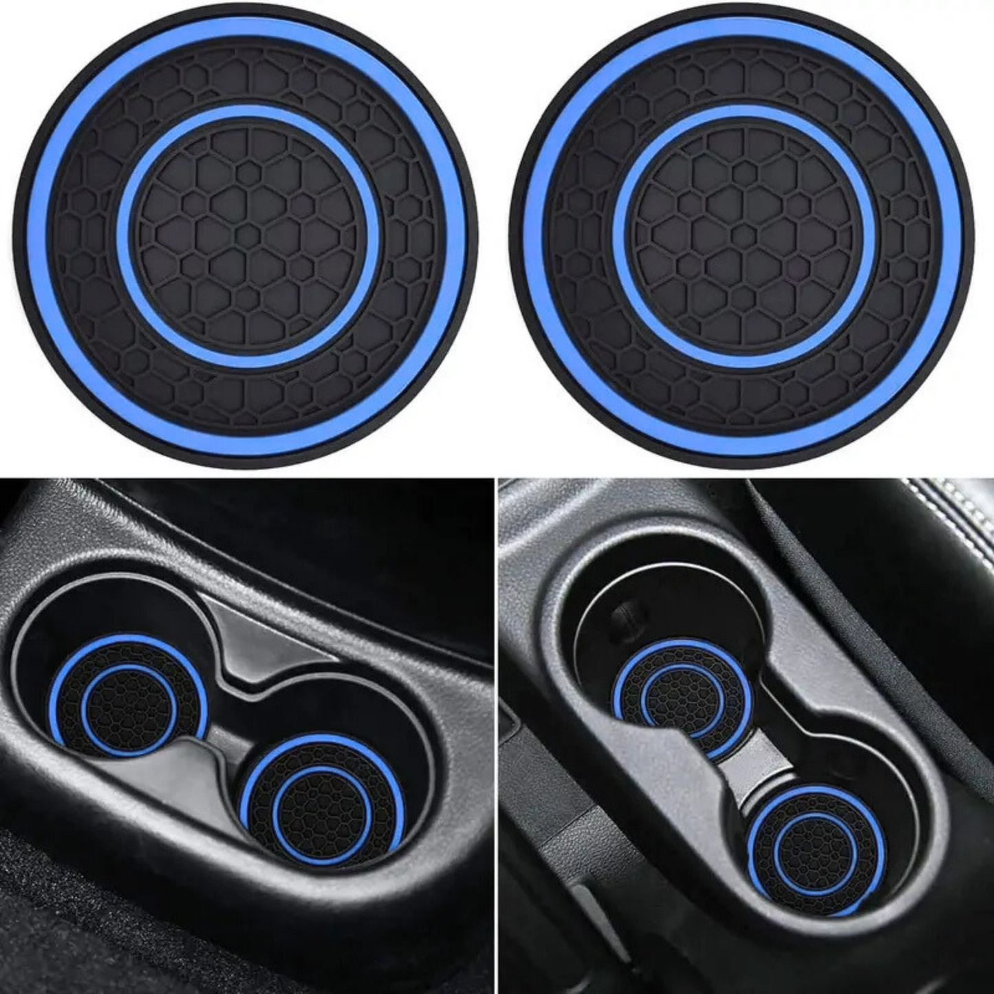 Black and blue car cup holder coasters with honeycomb pattern