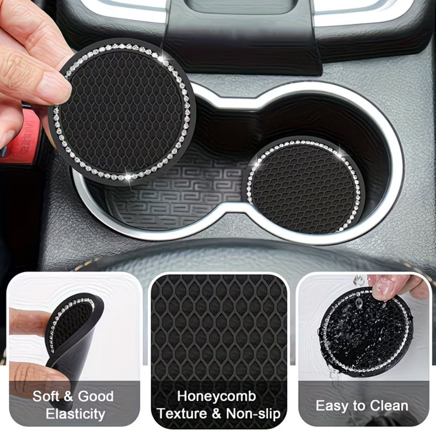 2Pc Black Honeycomb Cup Coasters with Diamantes