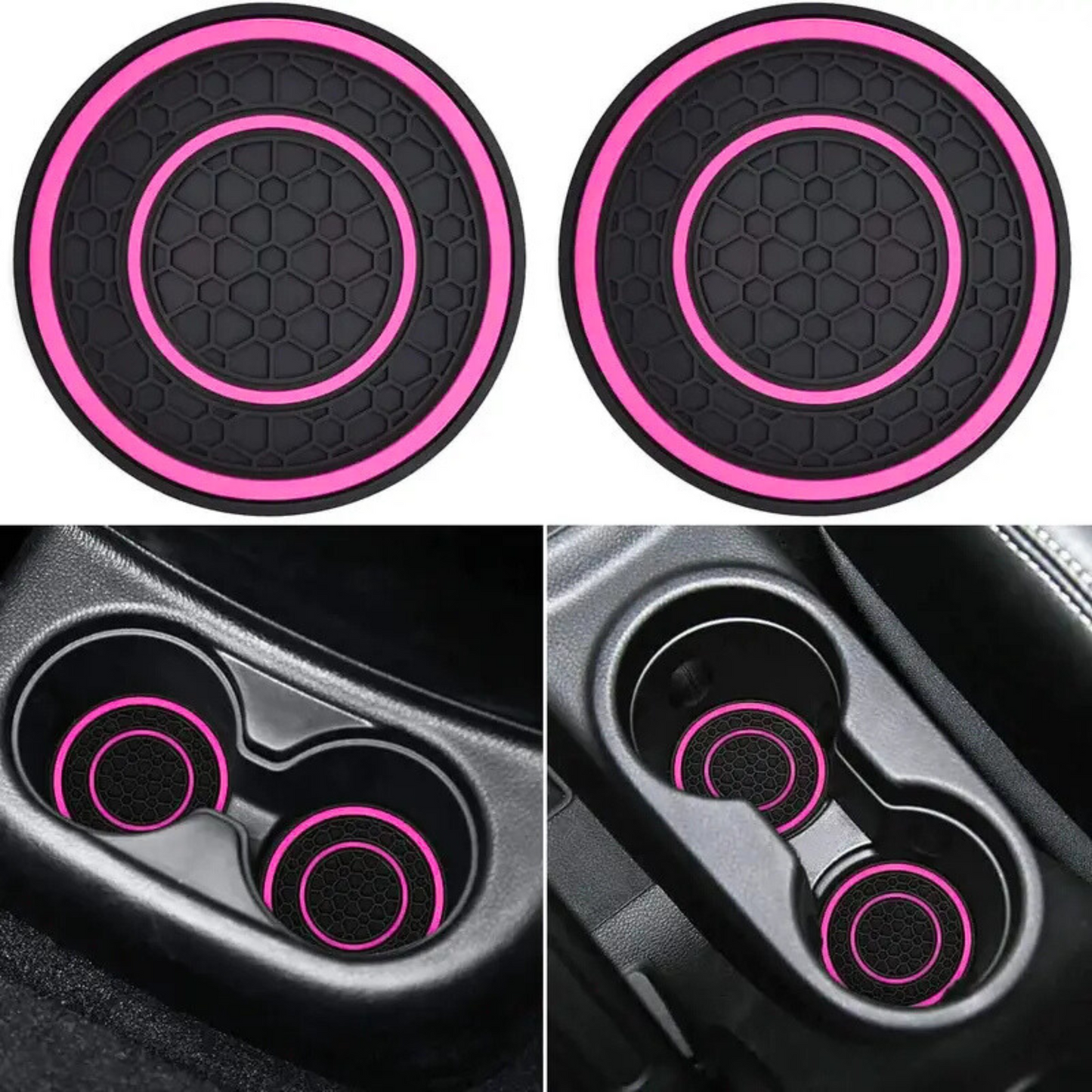 Black and pink car cup holder coasters with close-up shots in a car's cup holder.