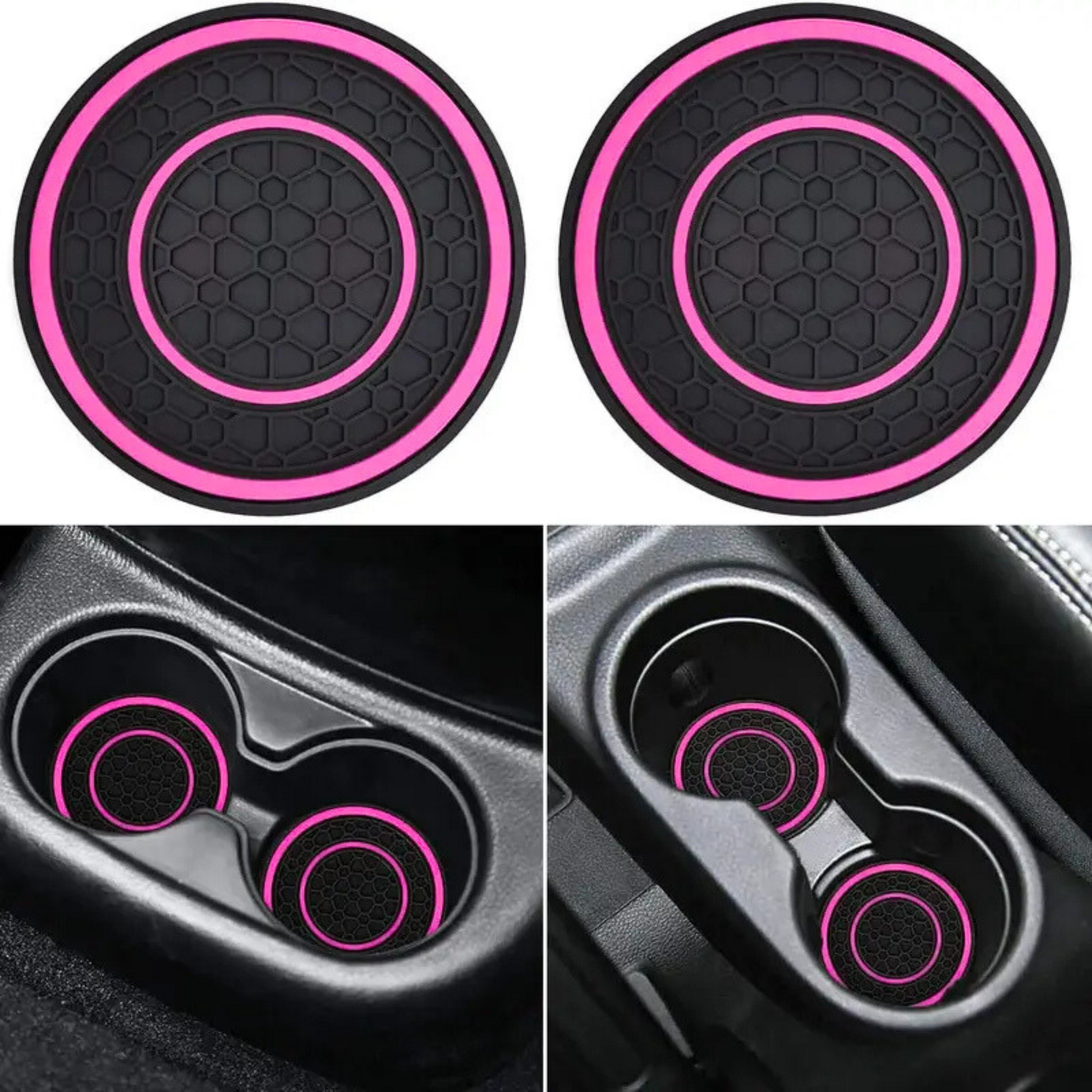 Black and pink car cup holder coasters with close-up shots in a car's cup holder.