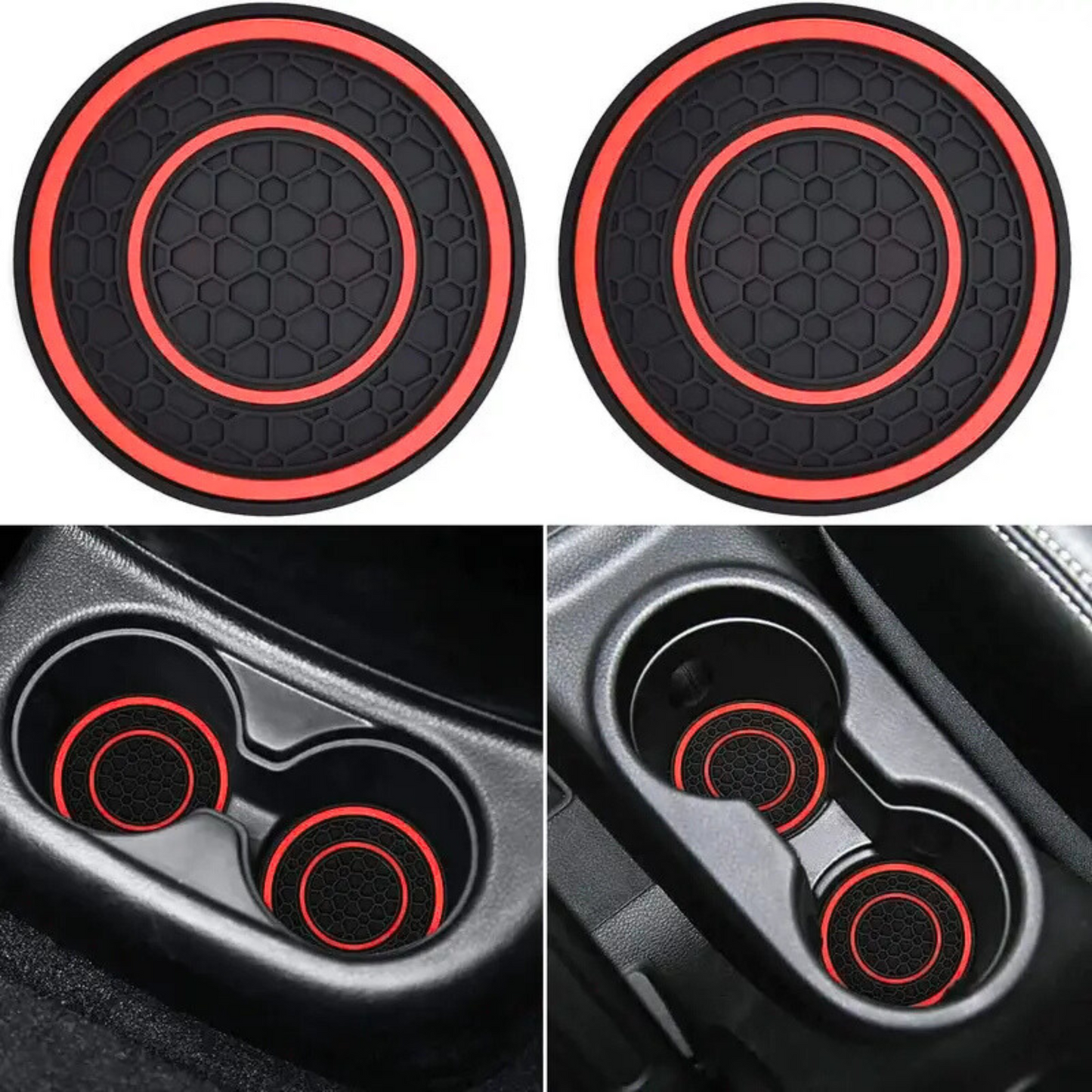 Black and red car cup holder coasters with honeycomb pattern on a black background.