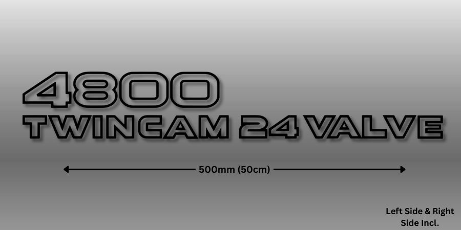 Text on a gray background indicating '4800 TwinCam 24 Valve' with measurement details.