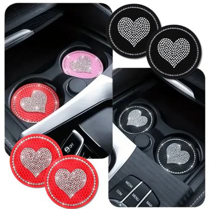 2Pc Sparkle Heart Bling Car Coasters - Assorted Colours