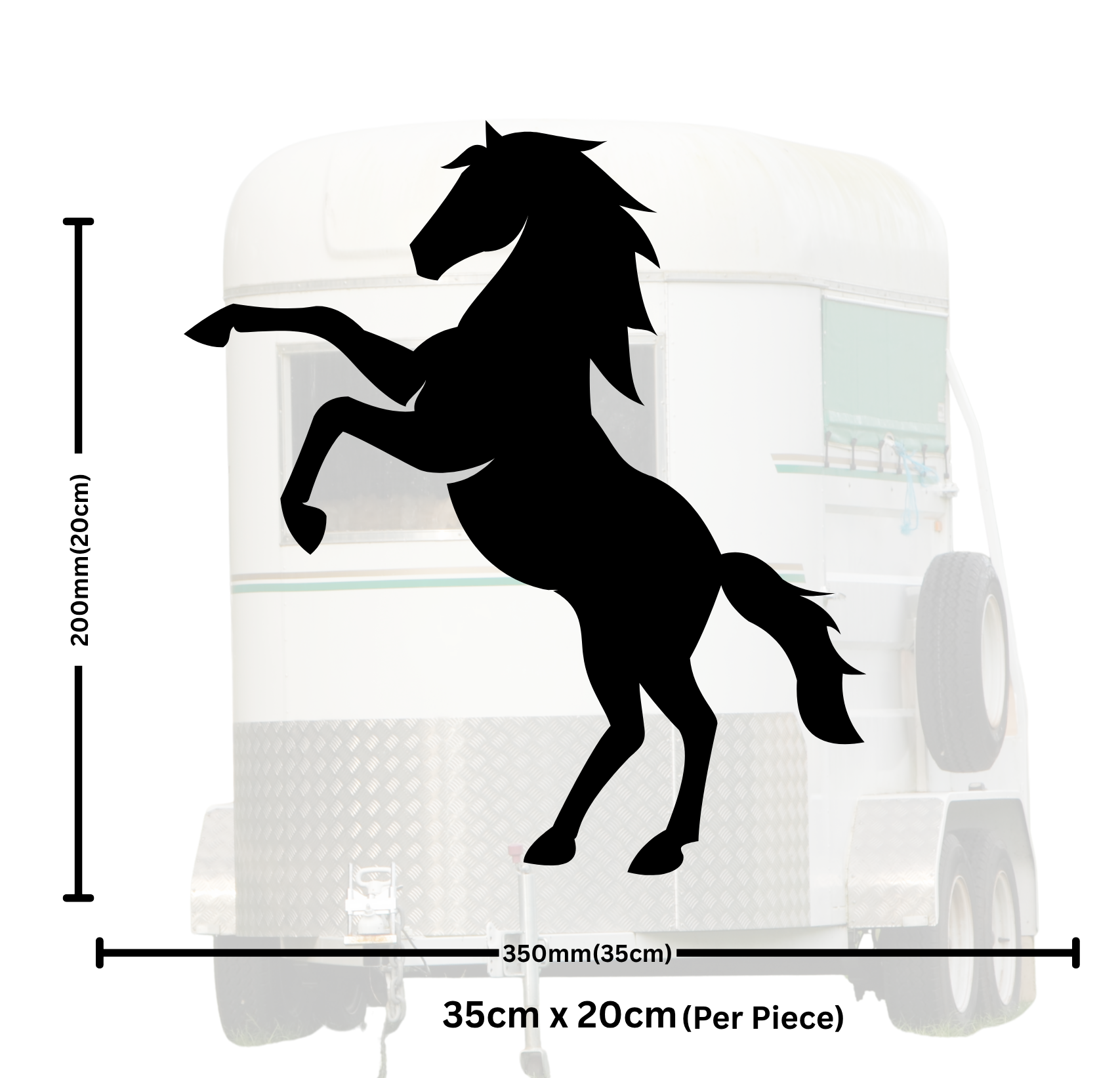 Black horse silhouette decal on a white background with dimensions indicated.