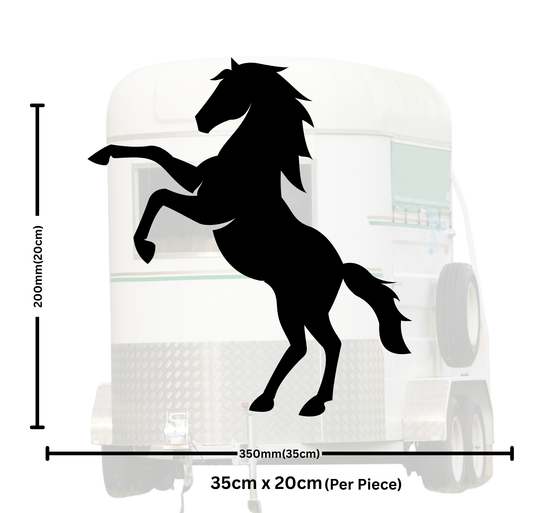 Black horse silhouette decal on a white background with dimensions indicated.