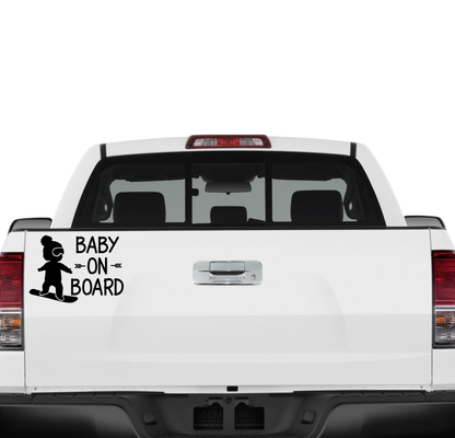 White truck with 'Baby on Board' decal on the back
