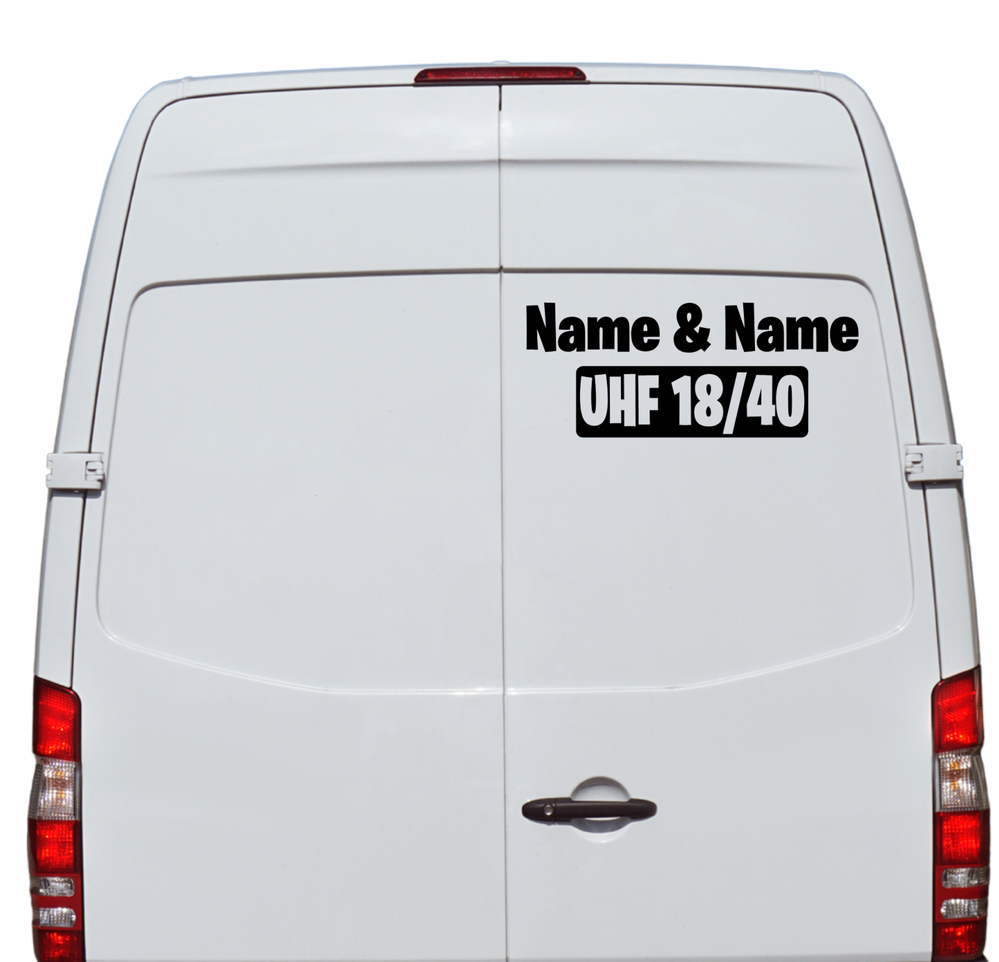 White van with text decal on the back door