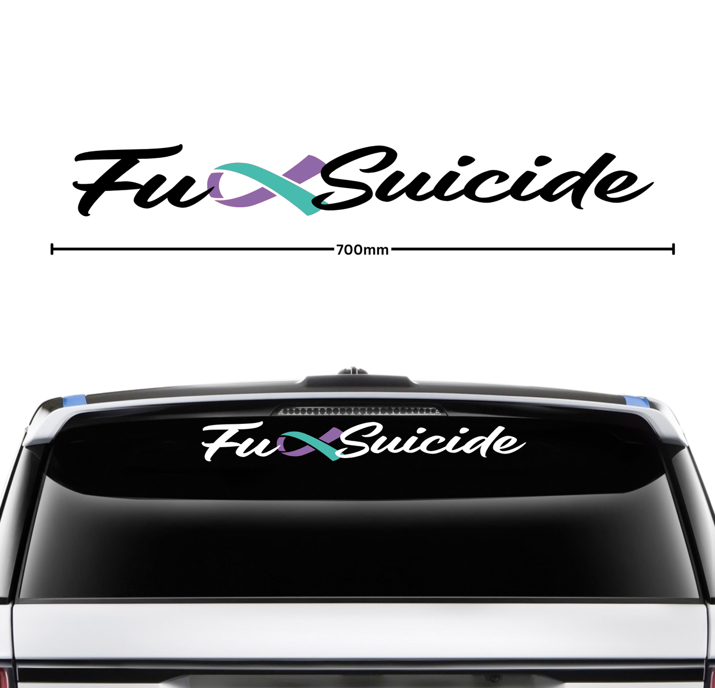 Car window with 'FuxSuicide' decal featuring a rainbow cross symbol on a white background.
