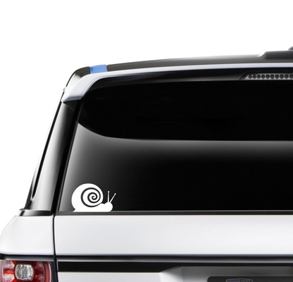 Car with a white decal of a snail on the back window