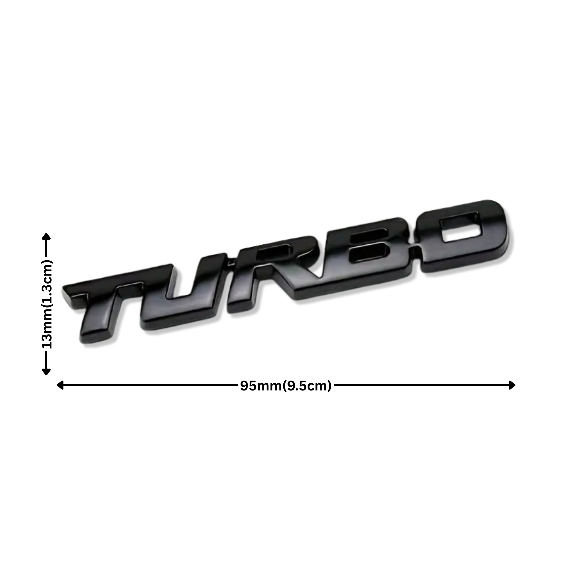 Black 'TURBO' emblem with dimensions on a white background