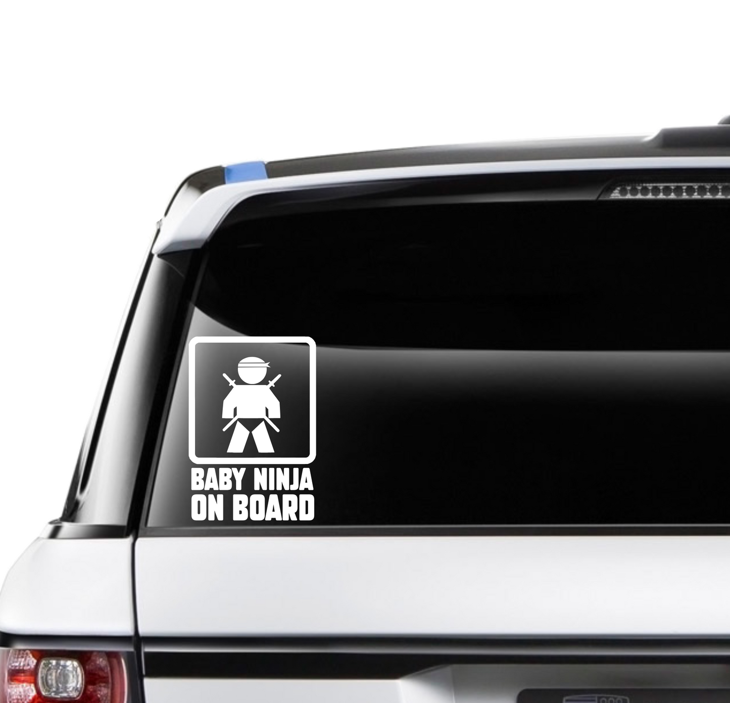 A sticker decal with the text 'Baby Ninja On Board' and an illustration of a baby wearing a ninja outfit.
