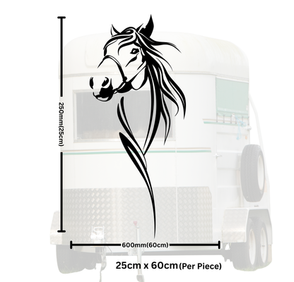 Horse head decal with dimensions on a white background