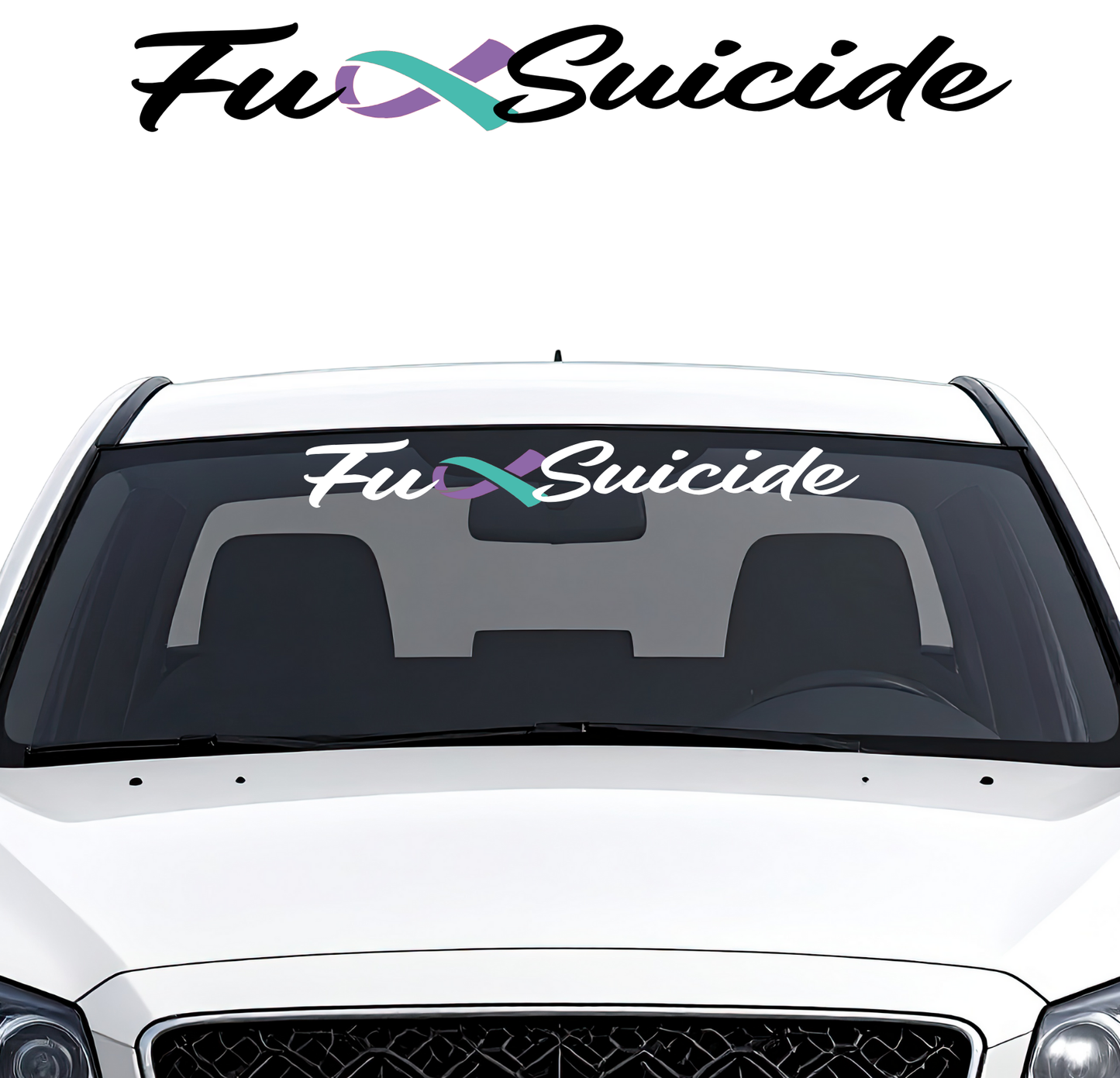 Car with 'Fuø Suicide' decal on the windshield against a white background