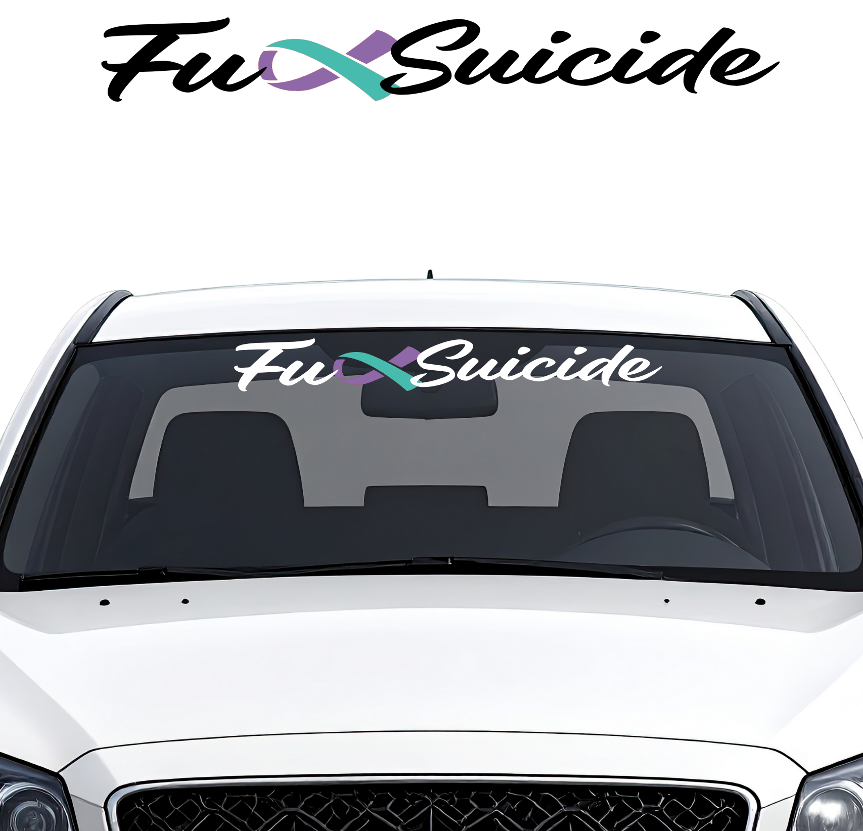 Car with 'Fuø Suicide' decal on the windshield against a white background