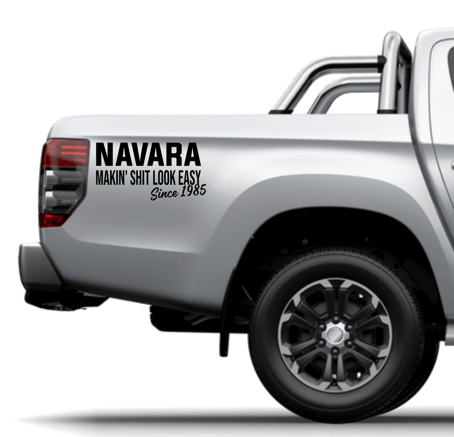 White pickup truck with 'Navara' decal on a white background