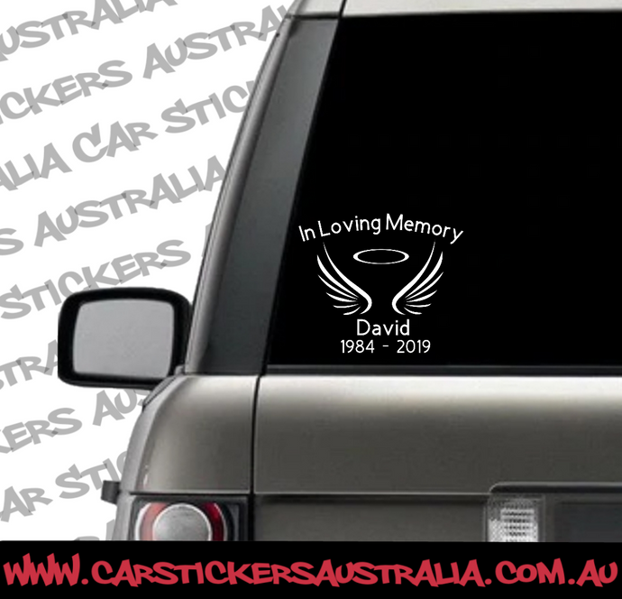 In Loving Memory Car Stickers, Memorial Car Stickers and Decals. Rest In Peace Car Sticker with Angel wings, Personalised memorial car stickers. Australia Wide Post.